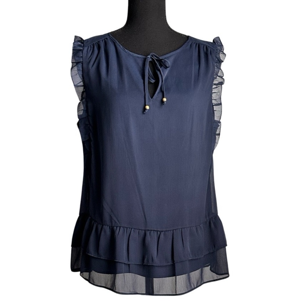 NWT Kaari Blue Women's Navy Blue Ruffle Sleeveless Keyhole Tie Lined Top XL